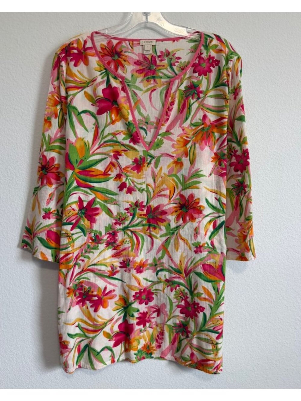 J. Crew 3/4 Sleeve V-Neck Colorful Floral 100% Cotton Tunic Blouse Size 16